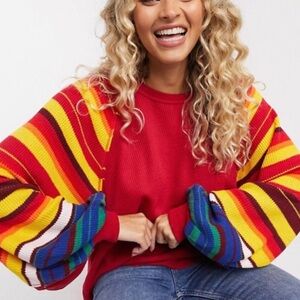 Free People Red Rainbow Dreams Pullover Knit Long Sleeve Tee Size Large